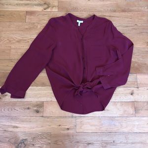 Joie maroon silk button up tie front blouse, sz L